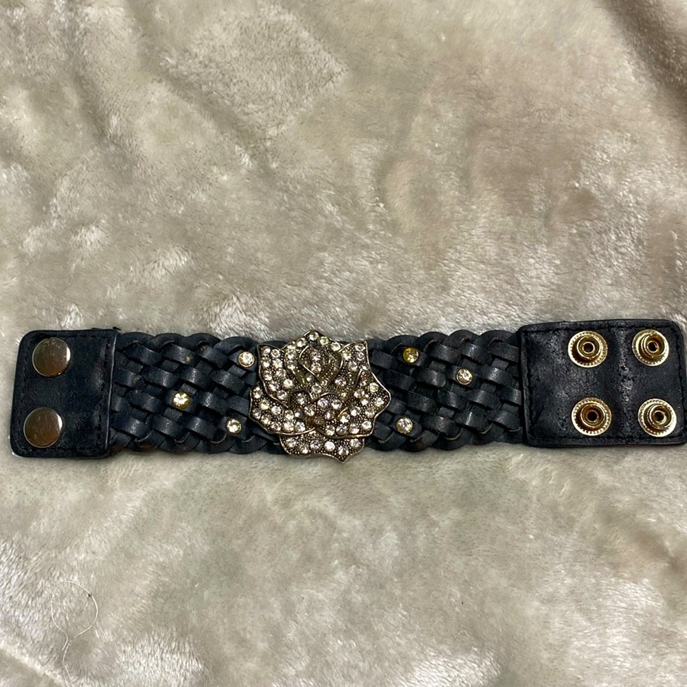 Black leather braided rose bracelet